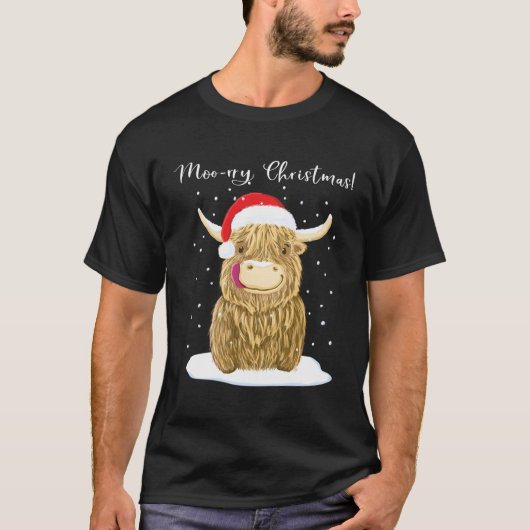 ハイランド牛メリークリスマス雪 Tシャツ (正面)