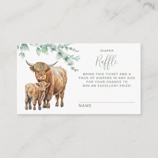 ハイランド牛ユーカリ赤ちゃんシャワーおむつラッフル エンクロージャーカード (正面)
