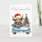 ハイランド牛ヴィンテージブルートラックメリークリスマス シーズンカード (正面)