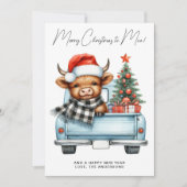 ハイランド牛ヴィンテージブルートラックメリークリスマス シーズンカード (正面)