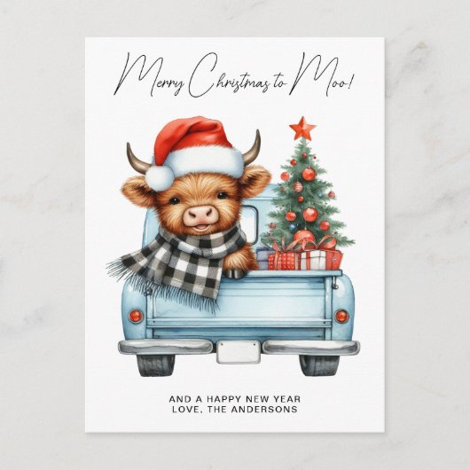 ハイランド牛ヴィンテージブルートラックメリークリスマス シーズンポストカード (正面)