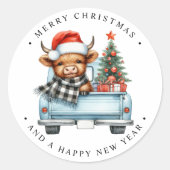 ハイランド牛ヴィンテージブルートラックメリークリスマス ラウンドシール (正面)