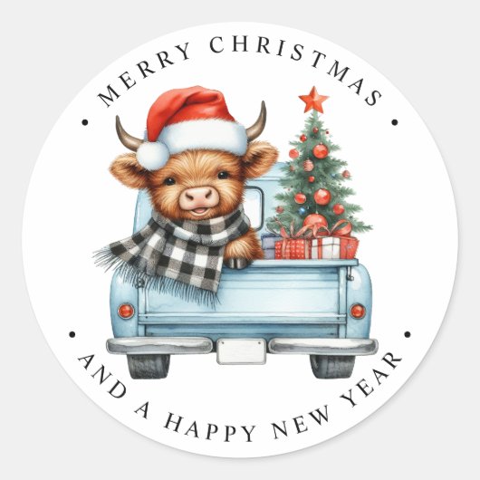 ハイランド牛ヴィンテージブルートラックメリークリスマス ラウンドシール (正面)
