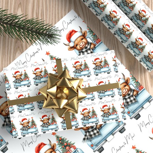 ハイランド牛ヴィンテージブルートラックメリークリスマス ラッピングペーパー