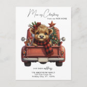 ハイランド牛ヴィンテージレッドトラッククリスマスムービング ポストカード (正面)