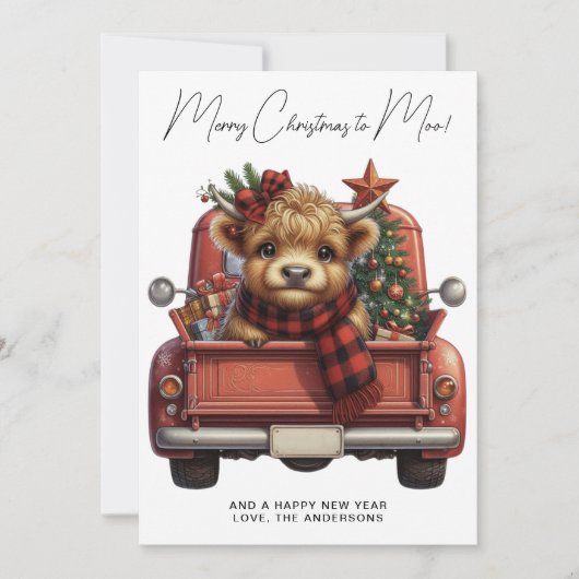 ハイランド牛ヴィンテージレッドトラックメリークリスマス シーズンカード (正面)