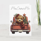 ハイランド牛ヴィンテージレッドトラックメリークリスマス シーズンカード (正面)