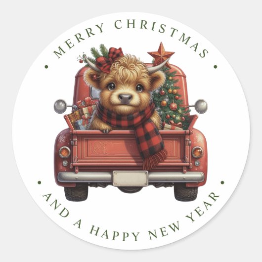 ハイランド牛ヴィンテージレッドトラックメリークリスマス ラウンドシール (正面)