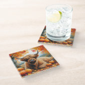 ハイランド牛秋カボチャ水彩 ガラスコースター (アングル)