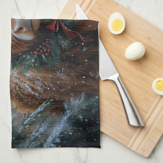 ハイランド牛素朴納屋周囲の庭クリスマス キッチンタオル (四つ折り)