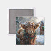 ハイランド牛素朴納屋周囲の庭クリスマス マグネット (正面/裏面)