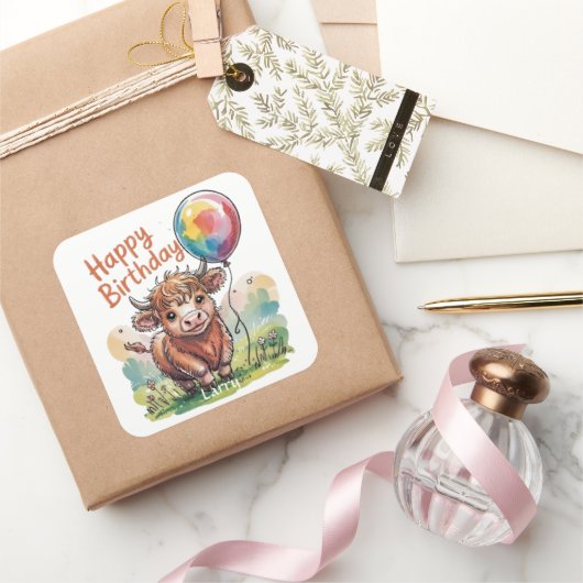 ハイランド牛誕生日 スクエアシール (ギフト)