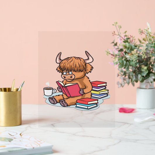 ハイランド牛読牛の本コーヒークラスを飲む アクリルサイン (ウェディング)