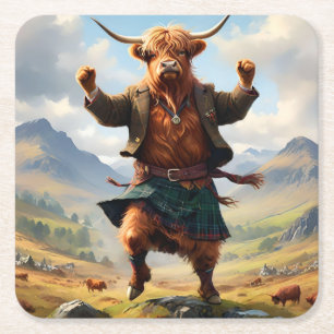 ハイランド牛踊りハイランドフライ スクエアペーパーコースター