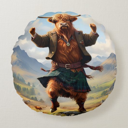 ハイランド牛踊りハイランドフライ ラウンドクッション (正面)