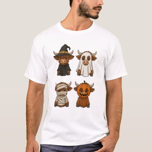 ハイランド牛 ハロウィン 面白い 秋 不気味 Tシャツ (正面)