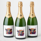 ハイランド牛、牛、ハイランド牛の芸術、かわいい高原 スパークリングワインラベル (ボトル)