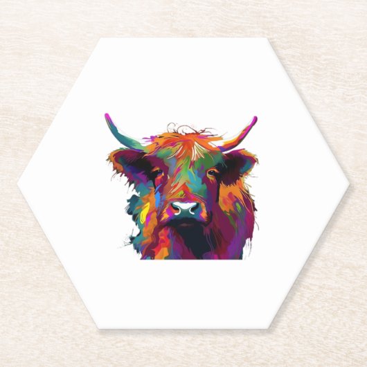ハイランド牛、牛、ハイランド牛の芸術、かわいい高原 ペーパーコースター (正面)