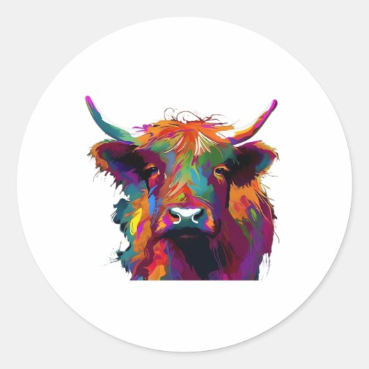 ハイランド牛、牛、ハイランド牛の芸術、かわいい高原 ラウンドシール (正面)