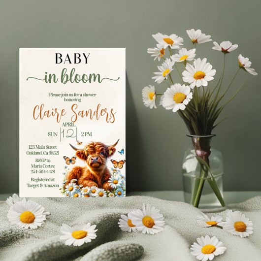 ハイランド男女兼用牛デイジーベビーシャワー 招待状