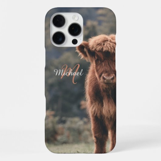 ハイランド種の子牛 秋の草 モノグラムイニシャル iPhoneケース (裏面)