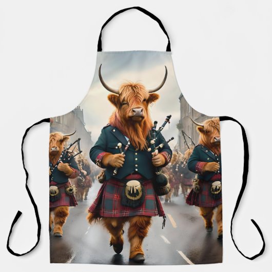 ハイランド調和: Bagpipe Highland Cow Band エプロン (正面)