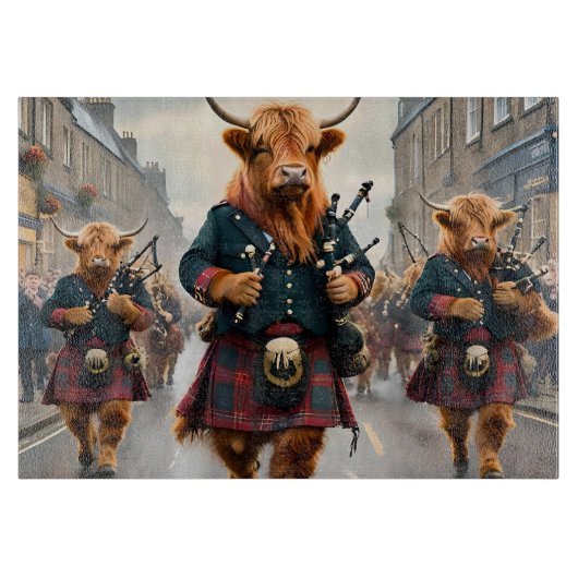 ハイランド調和: Bagpipe Highland Cow Band カッティングボード (正面)