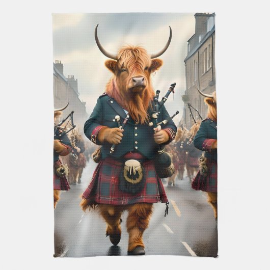 ハイランド調和: Bagpipe Highland Cow Band キッチンタオル (縦)