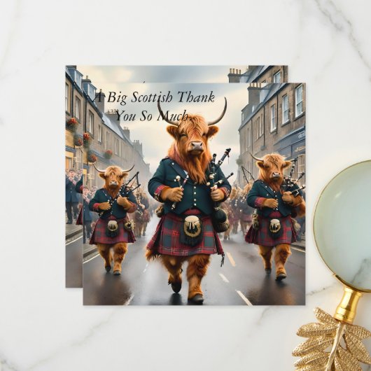 ハイランド調和: Bagpipe Highland Cow Band サンキューカード (正面/裏面インサイチュ)
