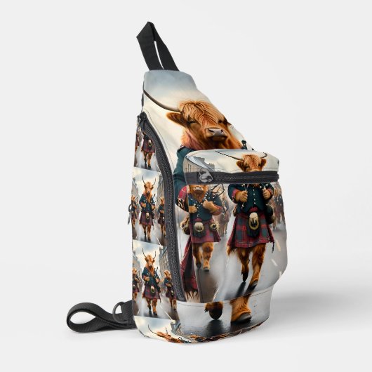 ハイランド調和: Bagpipe Highland Cow Band スリングバッグ (左コーナー)