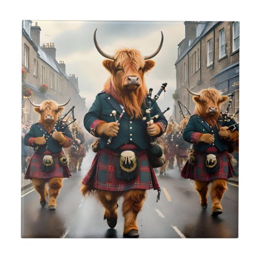 ハイランド調和: Bagpipe Highland Cow Band タイル (正面)