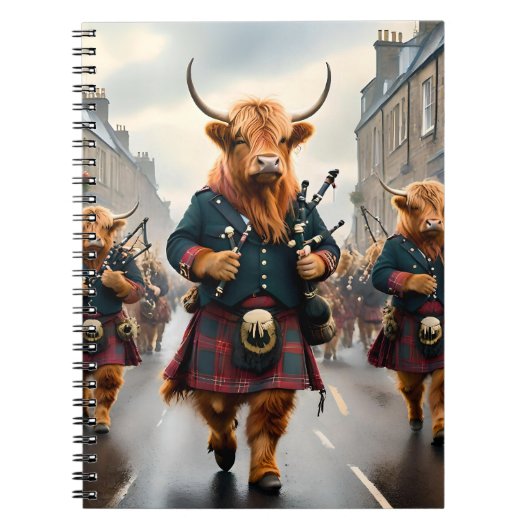 ハイランド調和: Bagpipe Highland Cow Band ノートブック (正面)