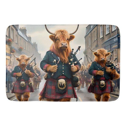 ハイランド調和: Bagpipe Highland Cow Band バスマット (正面)