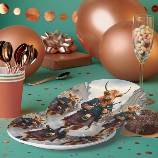 ハイランド調和: Bagpipe Highland Cow Band ペーパープレート (複数)