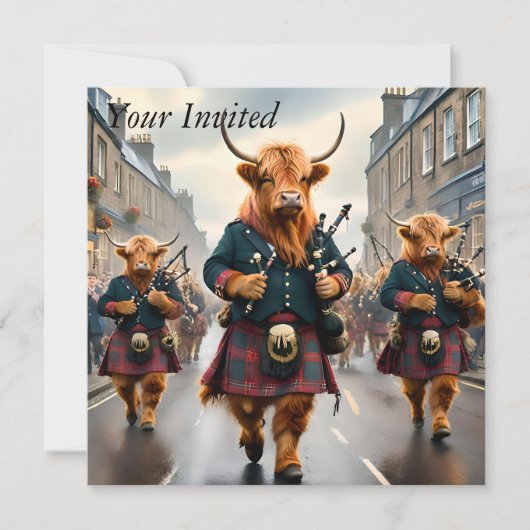 ハイランド調和: Bagpipe Highland Cow Band 招待状 (正面)