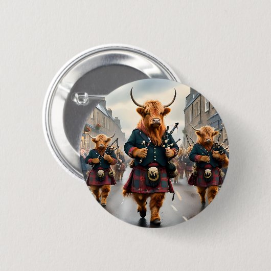 ハイランド調和: Bagpipe Highland Cow Band 缶バッジ (正面&裏面)