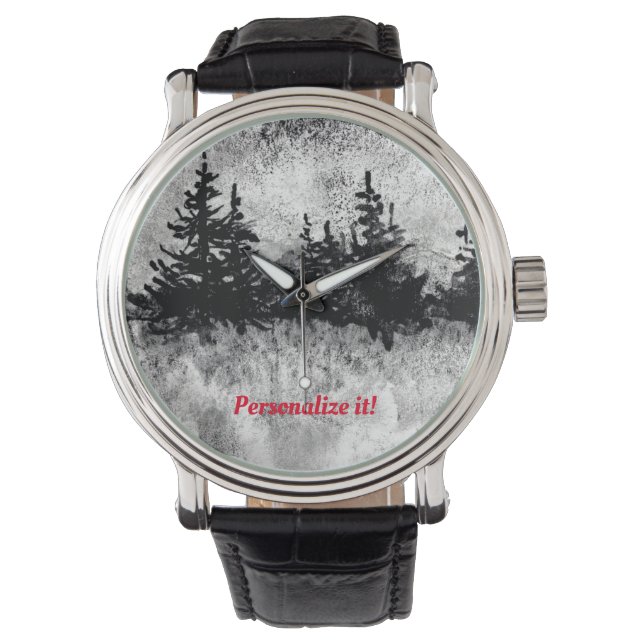「ハイランド風光明媚なハイウェイ」の霧の日の松 腕時計 (正面)