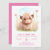 ハイラ素朴ンドカウピンクパーティー誕生日 招待状 (正面/裏面)