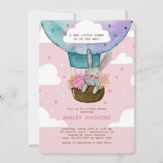 ハイ飛んでいるバニー赤ちゃんシャワー招待状 招待状 (正面)