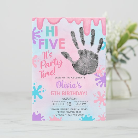 ハイ5、パーティー時間、スライム、女の子の誕生日招待状。 招待状 (スタンド正面)