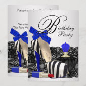 ハイ ヒール シューズ ロイヤル ブルー 誕生日パーティー 招待状 (正面/裏面)
