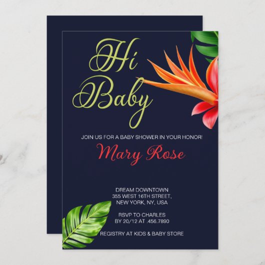 ハイ、ベビー熱帯離れと花赤ちゃんシャワー 招待状 (正面/裏面)