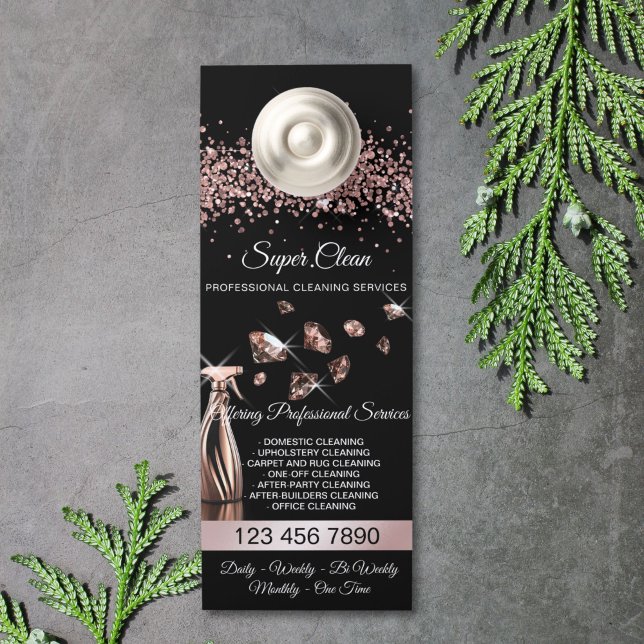 ハウスキーピングハウスクリーニングメイドサービス ドアノブサイン (rose gold house cleaning spray bottles spraying diamonds)