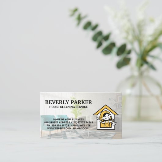 ハウスクリーナーロゴ |整理されたリビングルーム 名刺 (スタンド正面)