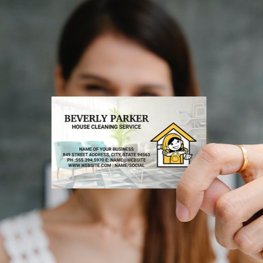 ハウスクリーナーロゴ |整理されたリビングルーム 名刺