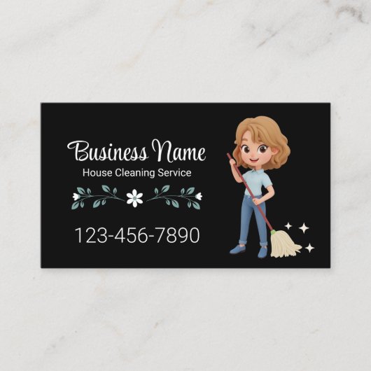 ハウスクリーニングサービスかわいい漫画ガールブラック 名刺 (正面)