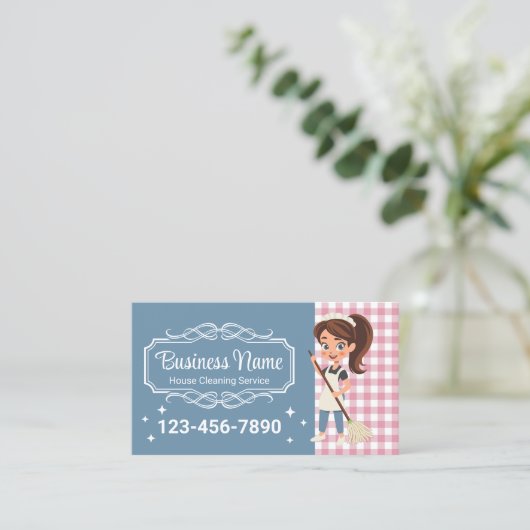 ハウスクリーニングサービスマンガメイドブルー&ピンク 名刺 (スタンド正面)