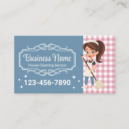 ハウスクリーニングサービスマンガメイドブルー&ピンク 名刺 (正面)