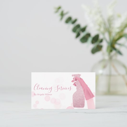 ハウスクリーニングサービスメイドグリッターバブルピンク 名刺 (スタンド正面)