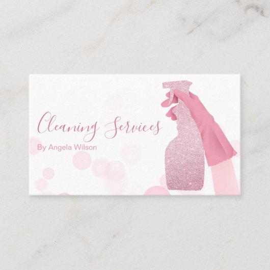 ハウスクリーニングサービスメイドグリッターバブルピンク 名刺 (正面)